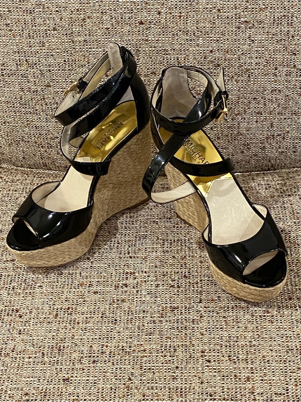 Michael Kors Black Patent Espadrille Platform Wedge Sandals
